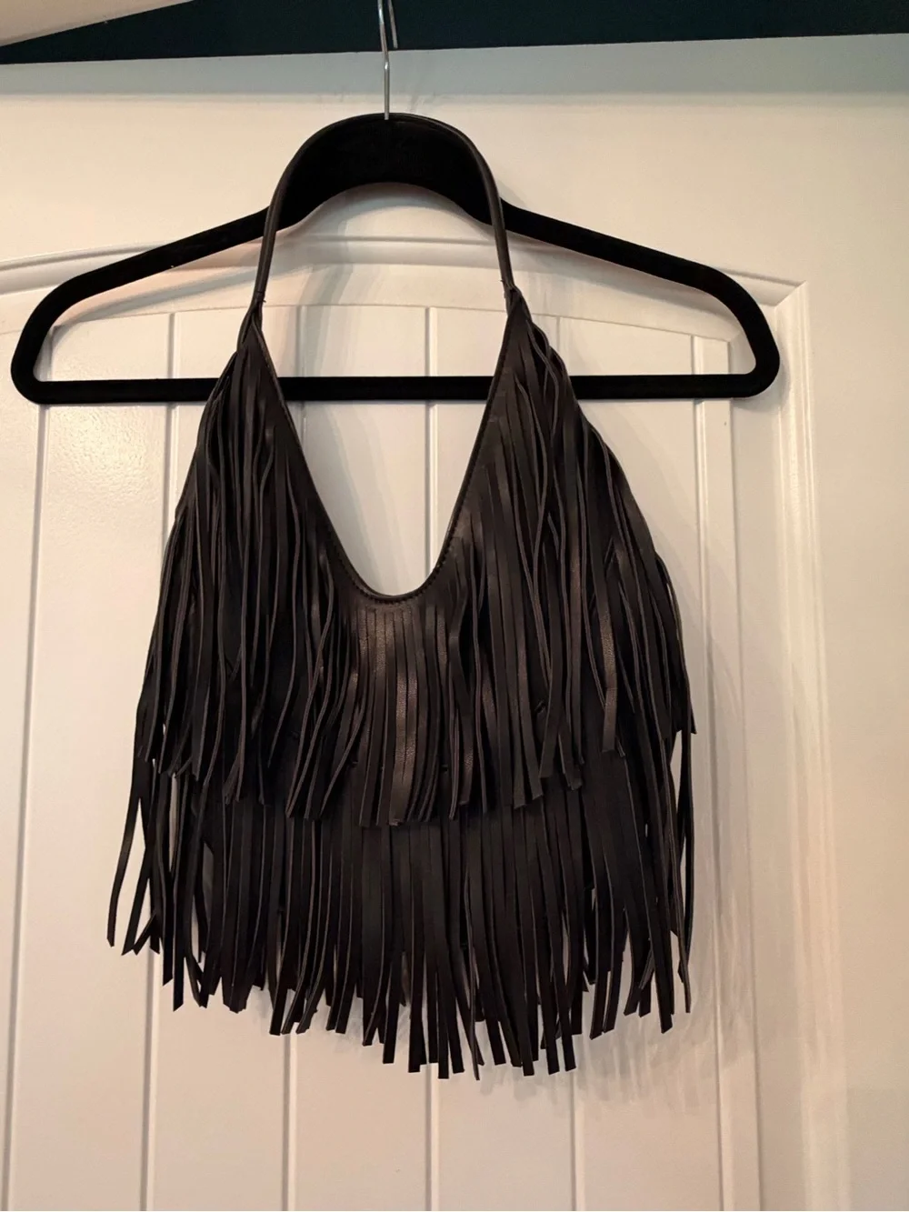 silence + noise Black Layered Fringe Faux Leather Hobo